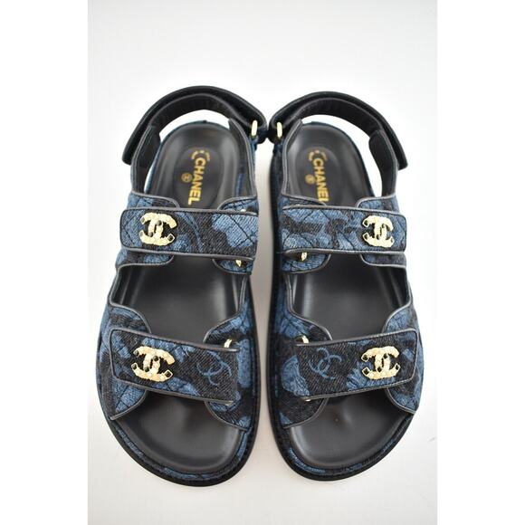 Chanel 21A Blue Black Grey Denim CC Logo Mule Slide Strap Flat Dad Sandal 38.5 - Picture 8 of 11